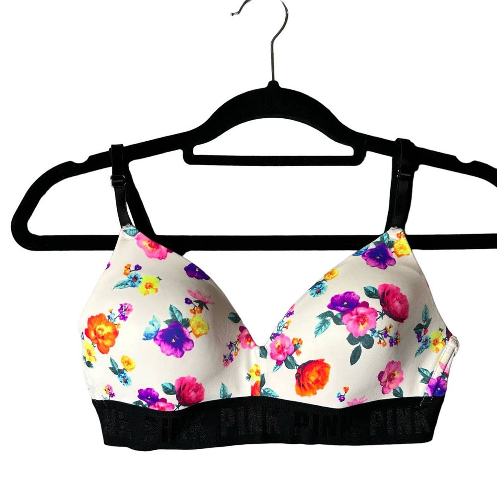 PINK Victoria's Secret Bra Womens‎ 32C White Floral Lightly Lined T Shirt Bra
